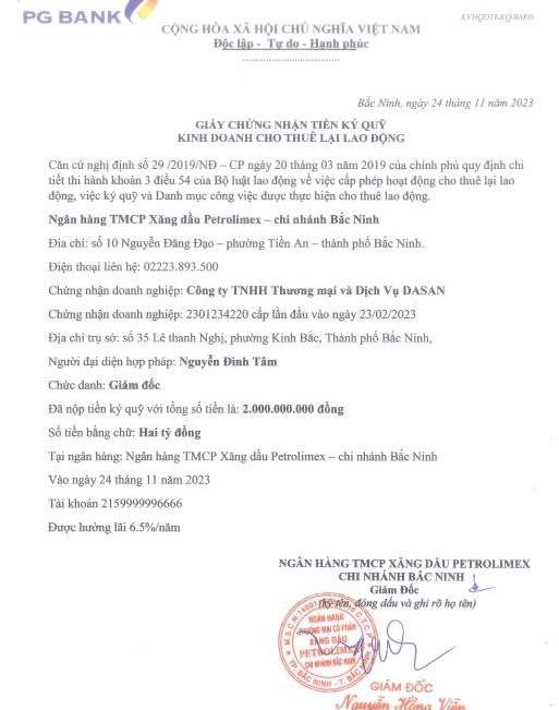 Xác nhận tiền ký quỹ 2 tỷ VND